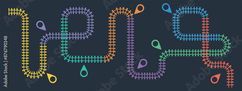 Railroad tracks infographic. Business template with 8 options or steps. Railway simple icon, rail track direction, train tracks colorful vector illustration on a black background.