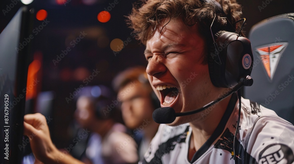 A young gamer wearing a headset and a white esports jersey shouts with excitement and passion as he competes in a tournament match A young gamer wearing a headset and a white esports jersey shouts with excitement and passion as he competes in a tournament match