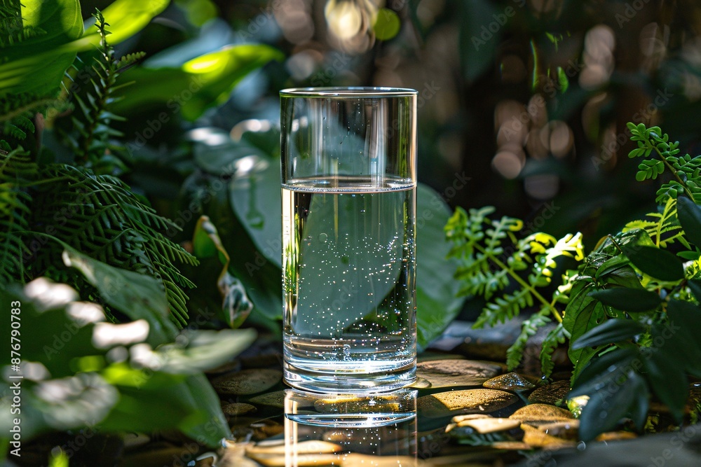 Clear and bubbly sparkling water in a glass surrounded by stones and green foliage, under the warm sunlight, reflects the suns rays Clear and bubbly sparkling water in a glass surrounded by stones and green foliage, under the warm sunlight, reflects the suns rays