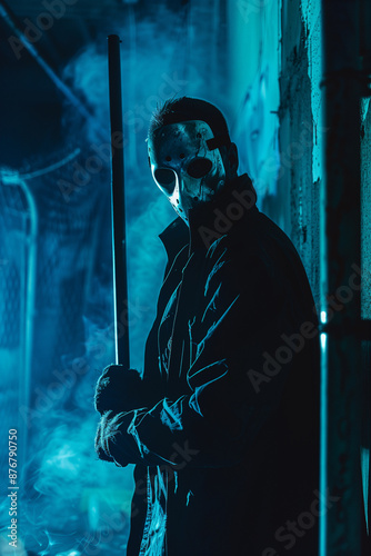 Man with mask holding a bat, dramatic light © ekampos