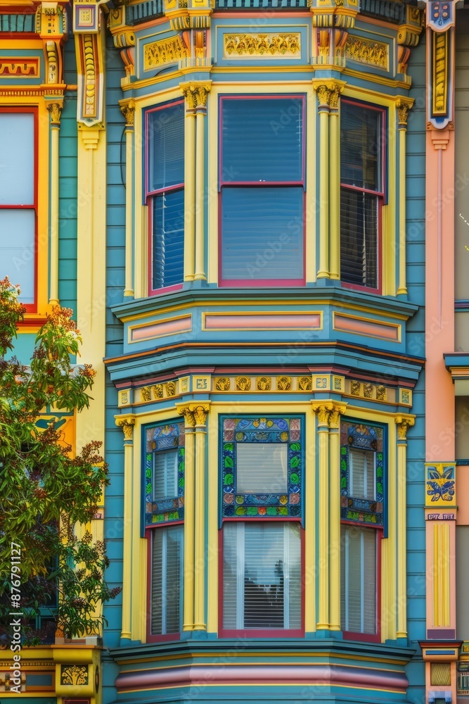 Victorian building facade with bay windows, elaborate trim, and colorful paintwork, Generative AI Victorian building facade with bay windows, elaborate trim, and colorful paintwork, Generative AI