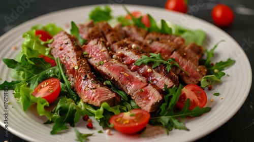 a plate of steak salad with lettuce and tomatoes, AI generated  © Unic