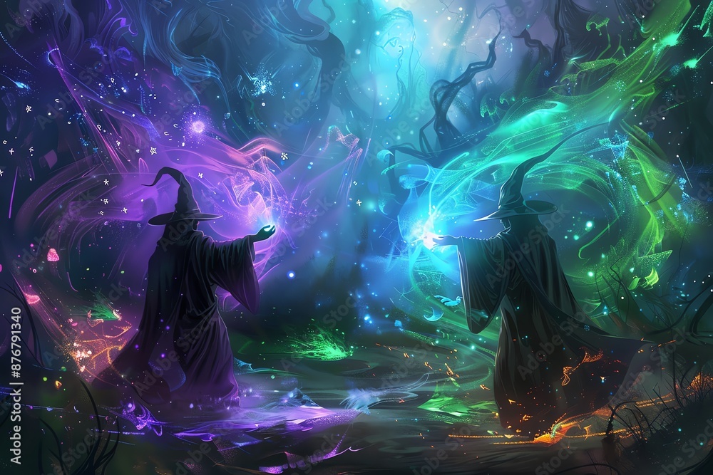 Wizards casting spells in a mystical realm, illustration cartoon background, magical duel Wizards casting spells in a mystical realm, illustration cartoon background, magical duel