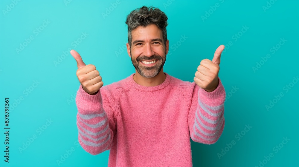 A man in a pink sweater is giving a thumbs up. He is smiling and he is happy A man in a pink sweater is giving a thumbs up. He is smiling and he is happy
