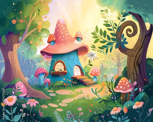 Fairy garden with magical beings, illustration cartoon background, enchanted scenery photo