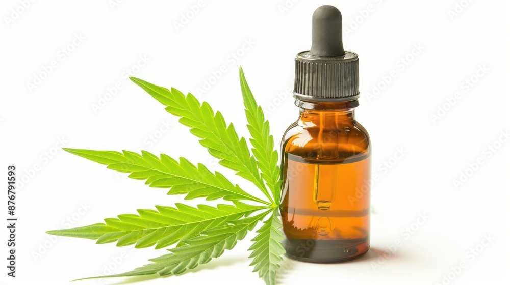 Isolated bottle of cannabis sativa essential oil with green leaf on white background Isolated bottle of cannabis sativa essential oil with green leaf on white background