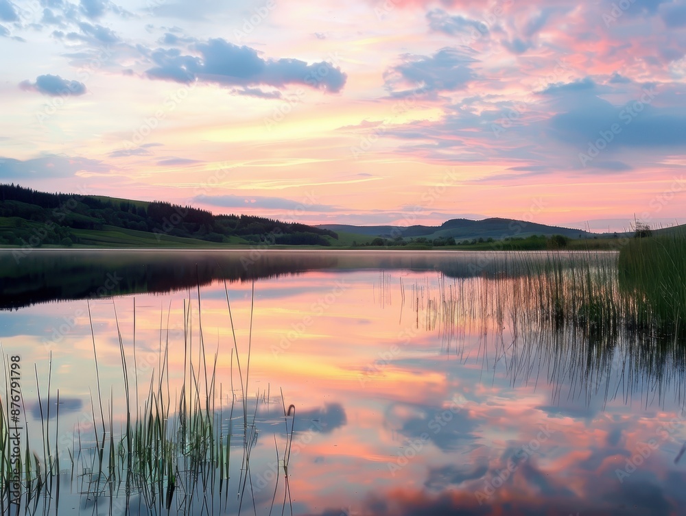 Tranquility Unveiled: A Serene Lake Mirroring the Hues of Sunset Bliss Tranquility Unveiled: A Serene Lake Mirroring the Hues of Sunset Bliss