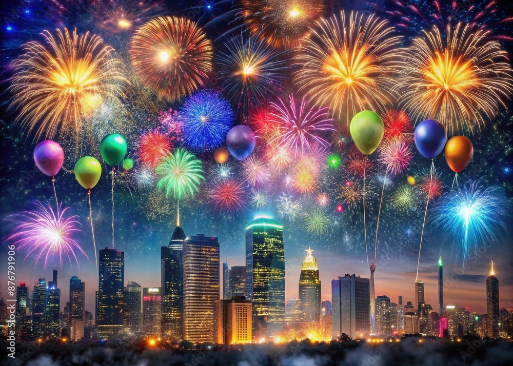 Fototapeta premium Vibrant fireworks explode in a starry night sky above a glittering cityscape, with colorful balloons and confetti scattered around a giant 2025 sign.
