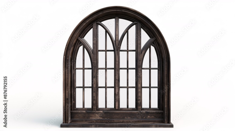 3D illustration of a textured and traditional arched window made of dark wood, isolated on a white background.