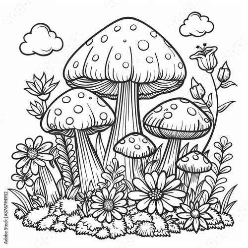 Fly agaric mushrooms in children's coloring book.