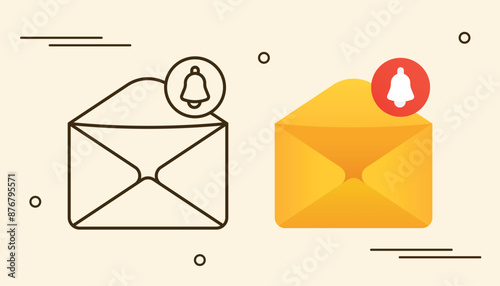 Message envelope with notification bell outline and field illustration design