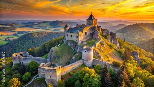 Ruins of a medieval castle Somoska or Somoskoi var on borders of southern Slovakia and Hungary at sunrise time , time, borders, medieval, Slovakia, sunrise, Hungary, castle, Somoskoi, southern, Ruins, photo