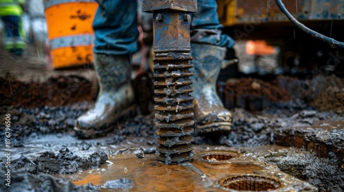 An image showing a drilling process on a construction site, featuring a close-up of helical drilling equipment and a worker in the background.
