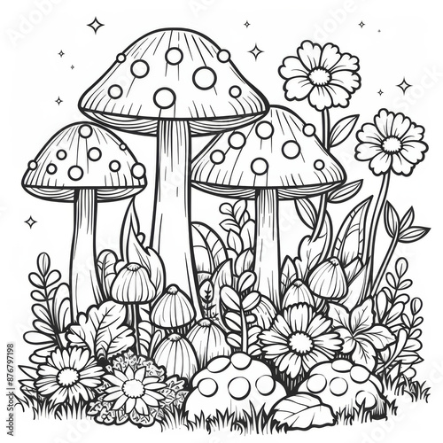 Fly agaric mushrooms in children's coloring book.