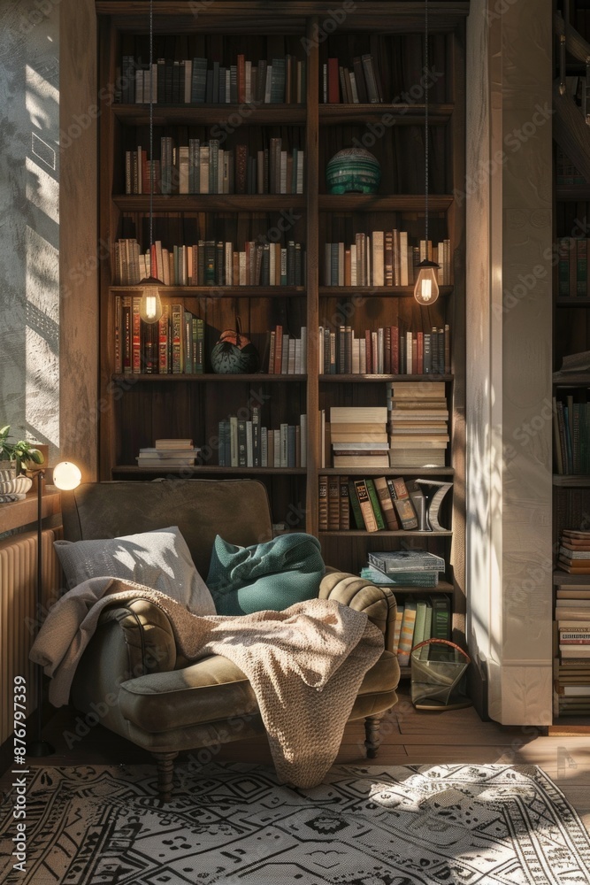A warm and inviting living room filled with numerous books, perfect for reading and relaxation A warm and inviting living room filled with numerous books, perfect for reading and relaxation