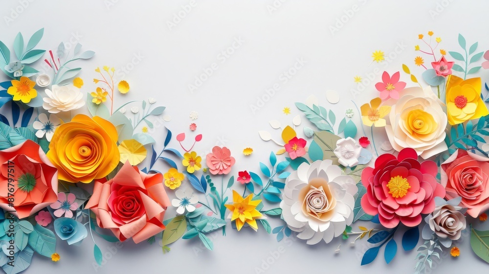 Colorful paper flowers on a white background. Bright and cheerful handmade floral arrangement with various flowers and leaves in vibrant hues. Colorful paper flowers on a white background. Bright and cheerful handmade floral arrangement with various flowers and leaves in vibrant hues.