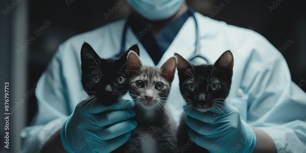 A person wearing a lab coat holds three kittens, a heartwarming scene A person wearing a lab coat holds three kittens, a heartwarming scene