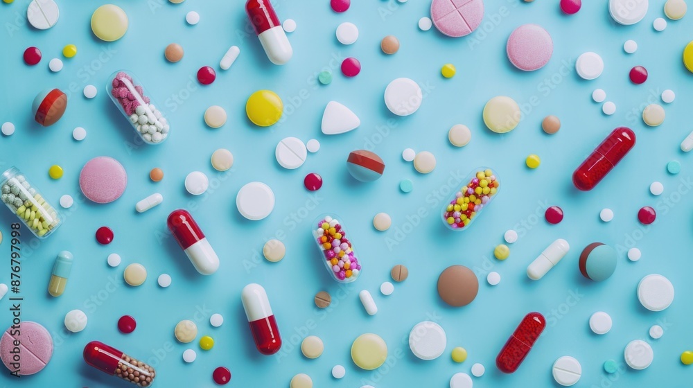 A collection of various pills and capsules on a blue background, suitable for medical or pharmaceutical illustrations A collection of various pills and capsules on a blue background, suitable for medical or pharmaceutical illustrations