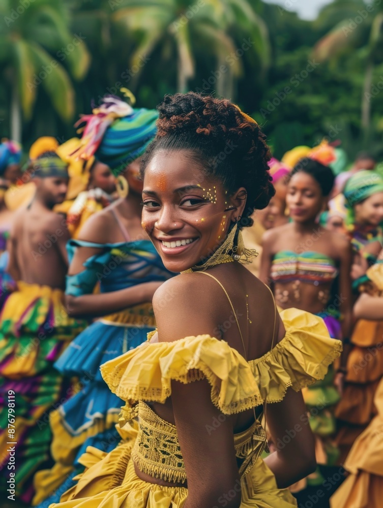 A happy woman wearing a bright yellow dress smiling directly at the camera A happy woman wearing a bright yellow dress smiling directly at the camera