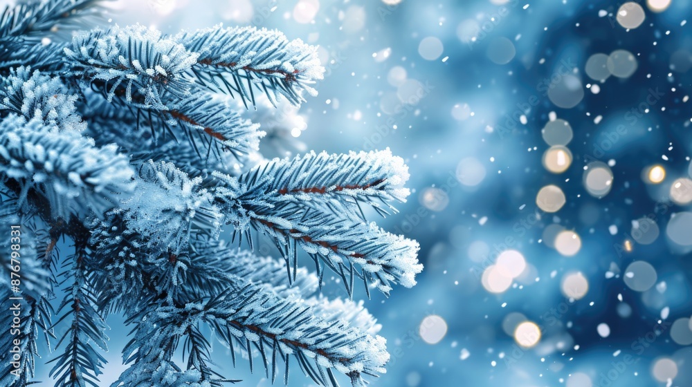 A close-up shot of a snowy pine tree branch, featuring intricate details and textures
