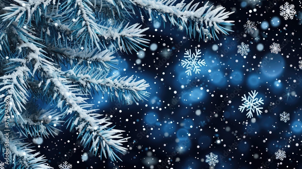 Falling snowflakes from tree branches, winter scene Falling snowflakes from tree branches, winter scene
