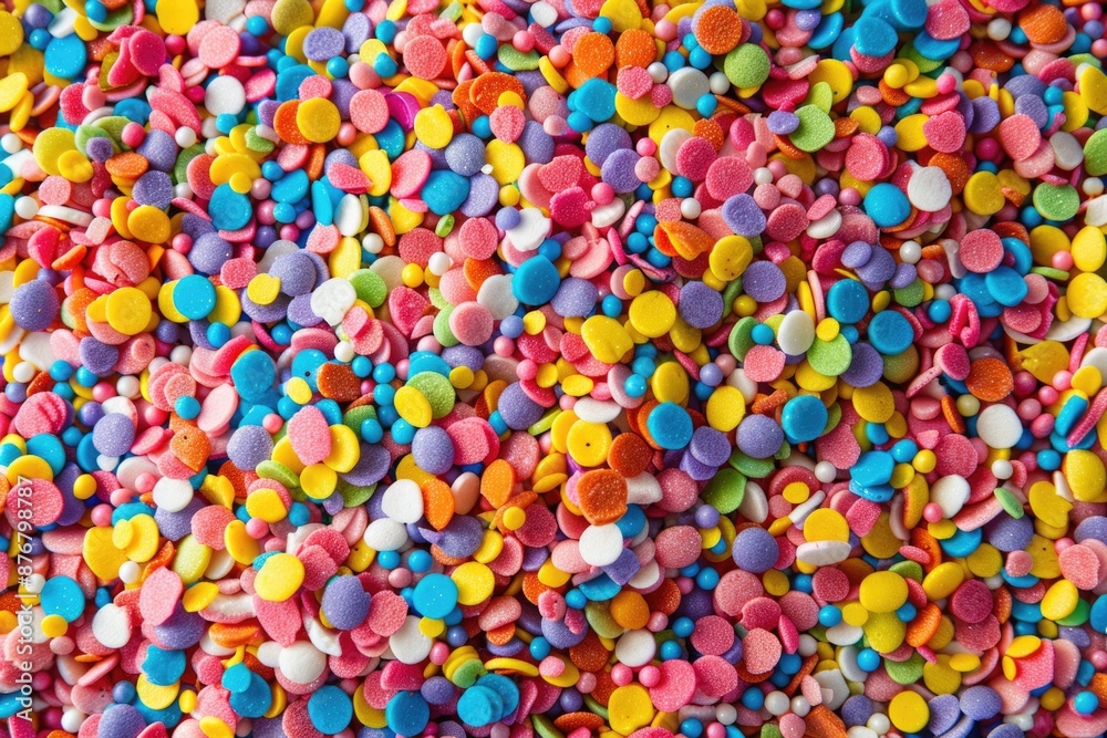 A pile of colorful sprinkles on a table, perfect for decorating cakes and cupcakes A pile of colorful sprinkles on a table, perfect for decorating cakes and cupcakes