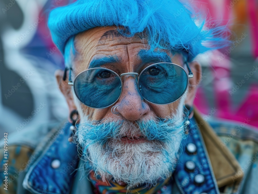 A person with bright blue hair and matching beard, likely for artistic or cosplay purposes A person with bright blue hair and matching beard, likely for artistic or cosplay purposes