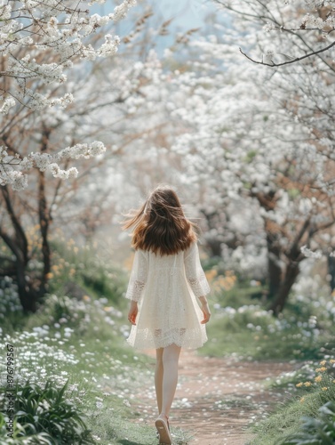 A woman walks down a winding path in a beautiful white dress, surrounded by lush greenery