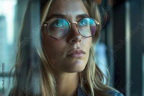 Close-up of a young professional, looking inspired, with cityscape reflections in their eyes, standing by a window in a high-rise office.