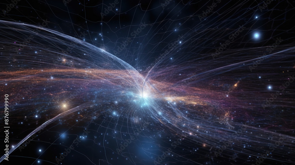 Quantum space explosion, colorful lines abstract scientific visualization, dark background. AI generated. Quantum space explosion, colorful lines abstract scientific visualization, dark background. AI generated.