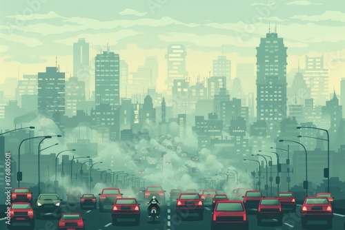 Flat design illustration of a metropolitan area with heavy traffic contributing to air pollution. The image shows a variety of vehicles, including cars, buses, and motorcycles, emitting exhaust