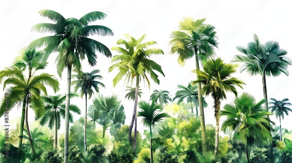 Obraz premium Lush rainforest with towering trees and vibrant palm leaves, nature scene, tropical forest serenity