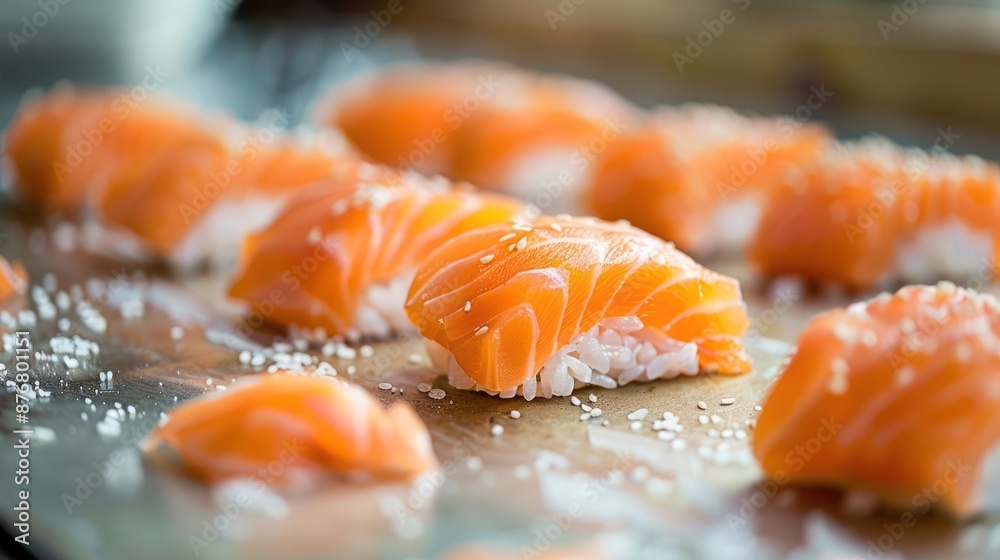 A plate of sushi with a piece of salmon on top A plate of sushi with a piece of salmon on top