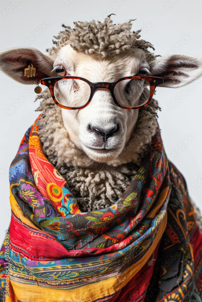 Adorable Sheep Wearing Glasses and a Scarf, Ready for Winter Adorable Sheep Wearing Glasses and a Scarf, Ready for Winter