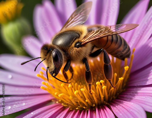 A close-up photo of a bee gathering pollen on a vibrant pink flower Generative AI photo