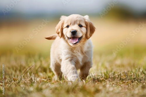 A joyful image of a puppy playing in a field