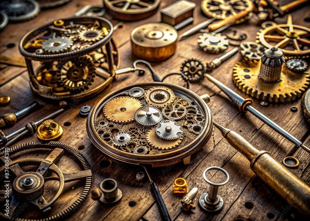 Old timepiece lies disassembled on workbench surrounded by precision tools, gears, and parts, awaiting skilled hands to restore its intricate mechanical beauty. Old timepiece lies disassembled on workbench surrounded by precision tools, gears, and parts, awaiting skilled hands to restore its intricate mechanical beauty.