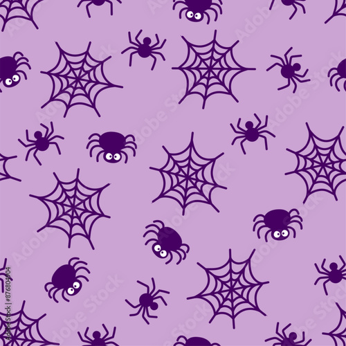 Cute Halloween spider seamless pattern. Vector violet spiders and spiderweb on purple background. Creepy print for Halloween decoration, wallpaper, textile, wrapping, fabric.