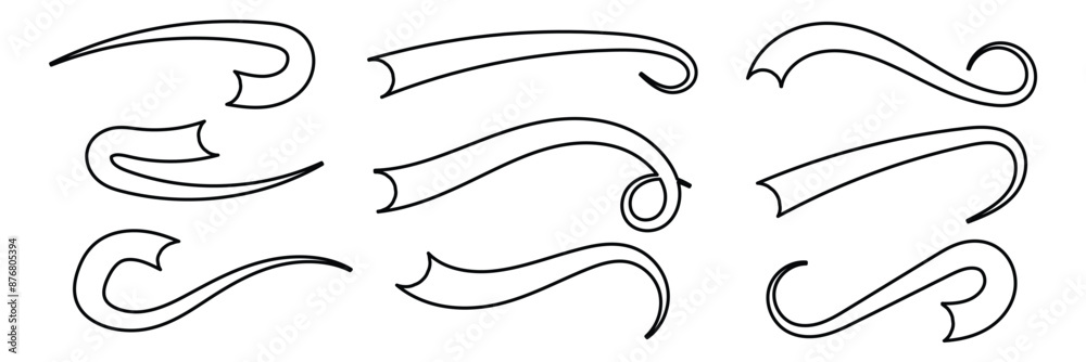 Swoosh vector lines. Hand drawn swash and swish strokes with swirl tail. Calligraphy squiggle waves. Doodle decorative marker flourish in eps 10. Swoosh vector lines. Hand drawn swash and swish strokes with swirl tail. Calligraphy squiggle waves. Doodle decorative marker flourish in eps 10.