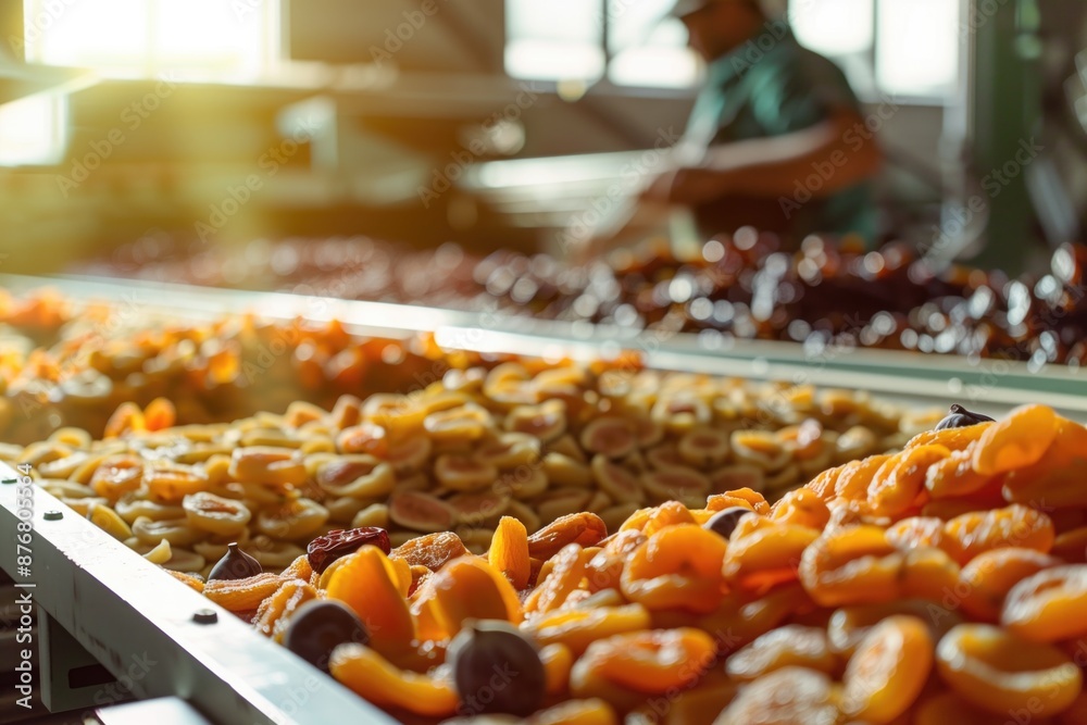 Worker sorting dried fruits on a large conveyor belt in a food processing factory. Food production, quality control, industrial processing, agribusiness, dried fruit manufacturing. Worker sorting dried fruits on a large conveyor belt in a food processing factory. Food production, quality control, industrial processing, agribusiness, dried fruit manufacturing.