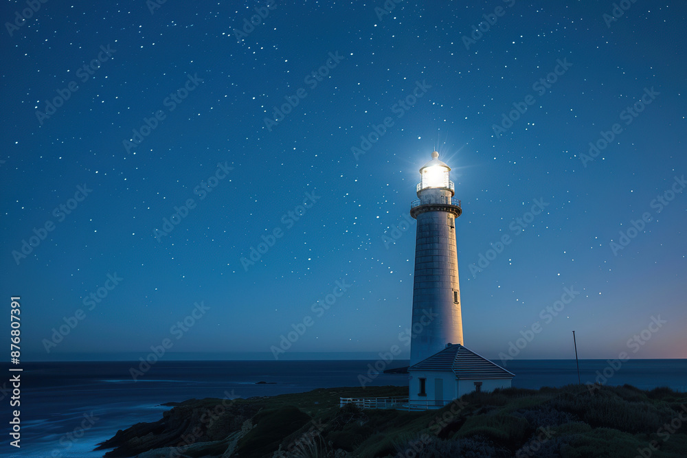 Generative ai on theme of large retro lighthouse with beam of bright light shining out to blue sea Generative ai on theme of large retro lighthouse with beam of bright light shining out to blue sea