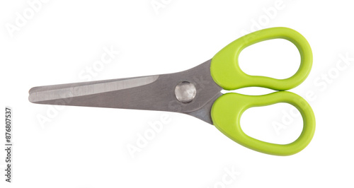 Photography School scissors closed, green handle isolated on white, transparent