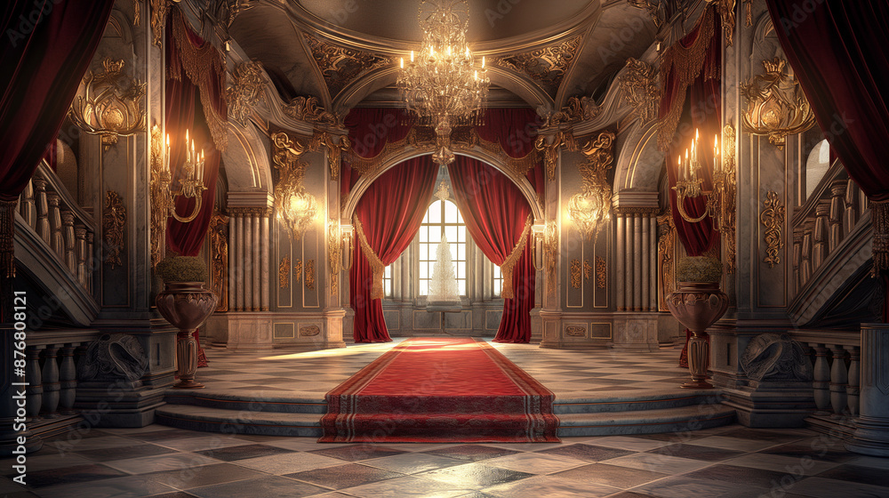 Obraz premium A luxurious fairy tale castle podium with rich, velvet drapery, crystal chandeliers, and ornate details, providing an opulent and enchanting backdrop for highg