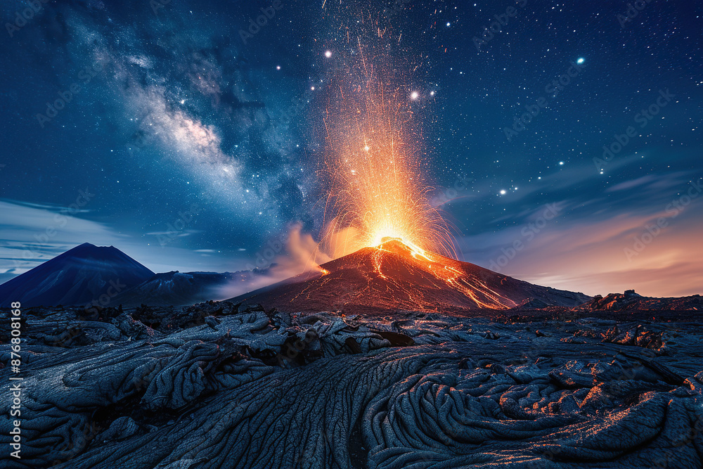 Generative ai on theme of erupting volcano with cascading hot lava surrounded thick white smoke Generative ai on theme of erupting volcano with cascading hot lava surrounded thick white smoke