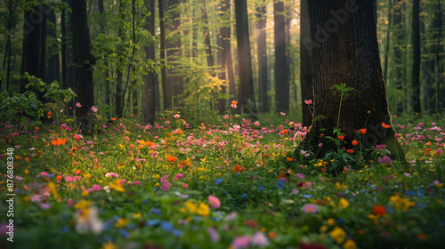 autumn in the park, A springtime forest scene with wildflowers blooming in a riot of colors on the forest floor, new leaves budding on the trees, and a light breeze rustling through the branches