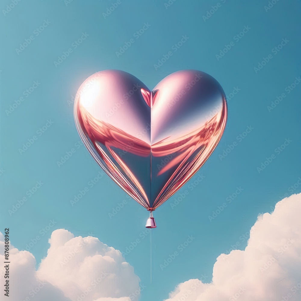 Fototapeta premium Pink Chrome heart balloon, blue sky