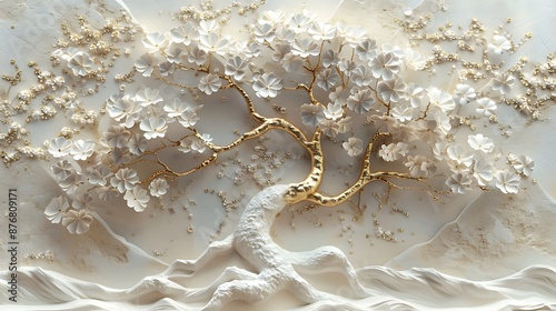 Detailed 3D wallpaper of a tree with white flowers and gold branches on a light background, relief sculpture style.