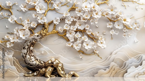 Detailed 3D wallpaper of a tree with white flowers and gold branches on a light background, relief sculpture style.