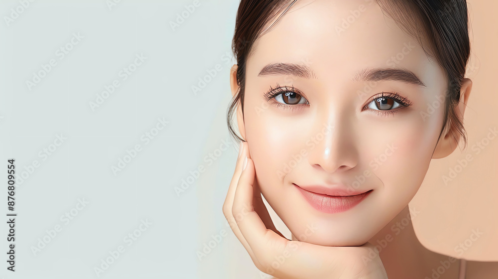 A close-up portrait of a young woman with flawless skin and a soft smile, against a pastel background. A close-up portrait of a young woman with flawless skin and a soft smile, against a pastel background.