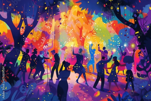 A joyful, vibrant illustration of a summer party © Chamal